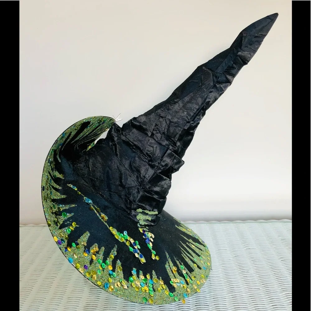 Witch hat artisan Black satin brim top & below multi pinks sparkles Flower & f…